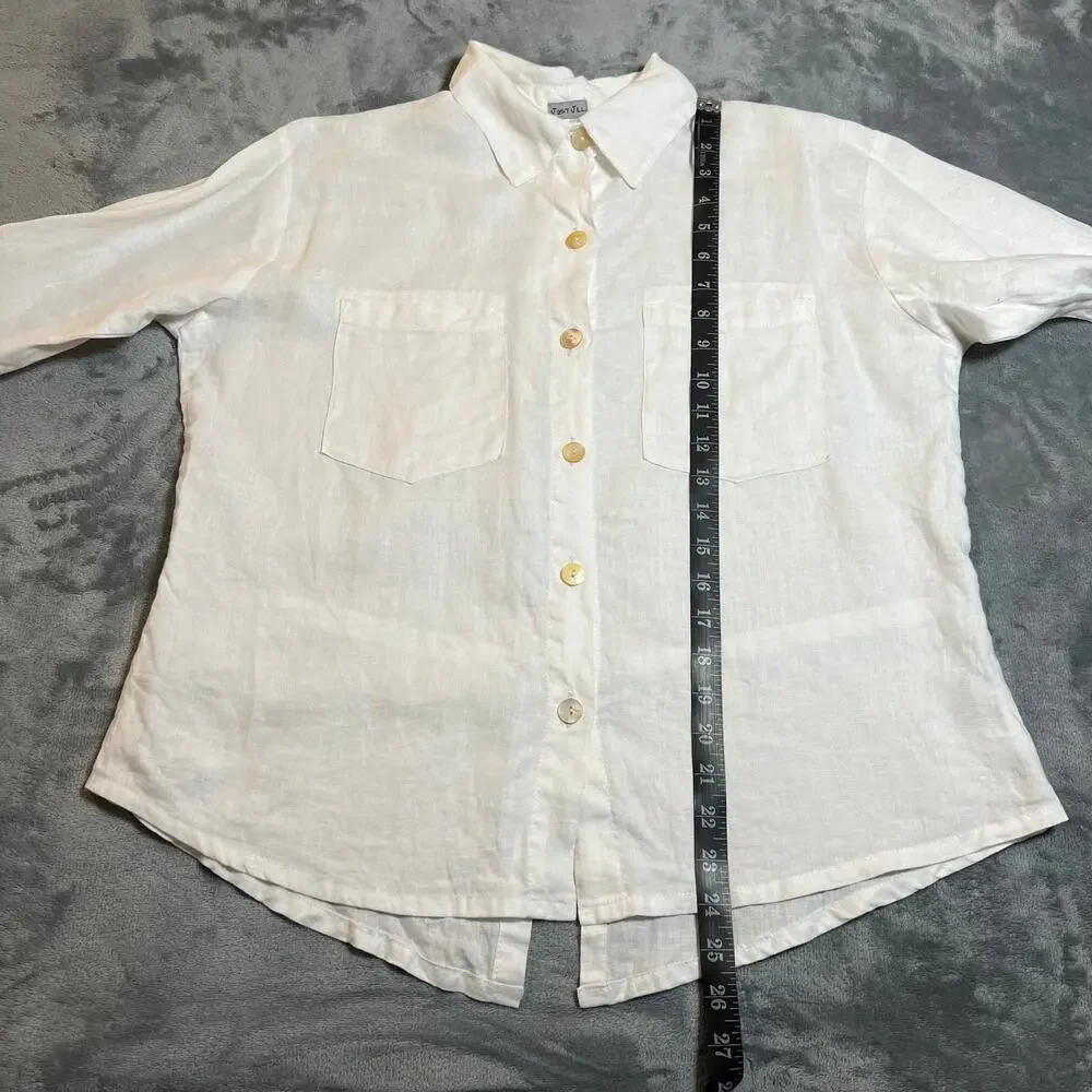 Just Jill 100% Linen Button Up Shirt Size S Roll Tab Sleeve Coastal Beach Casual - Picture 9 of 9